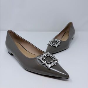 C. Paravano Pointed Toe Flats Gray Leather Rhinestone Buckle Size 42